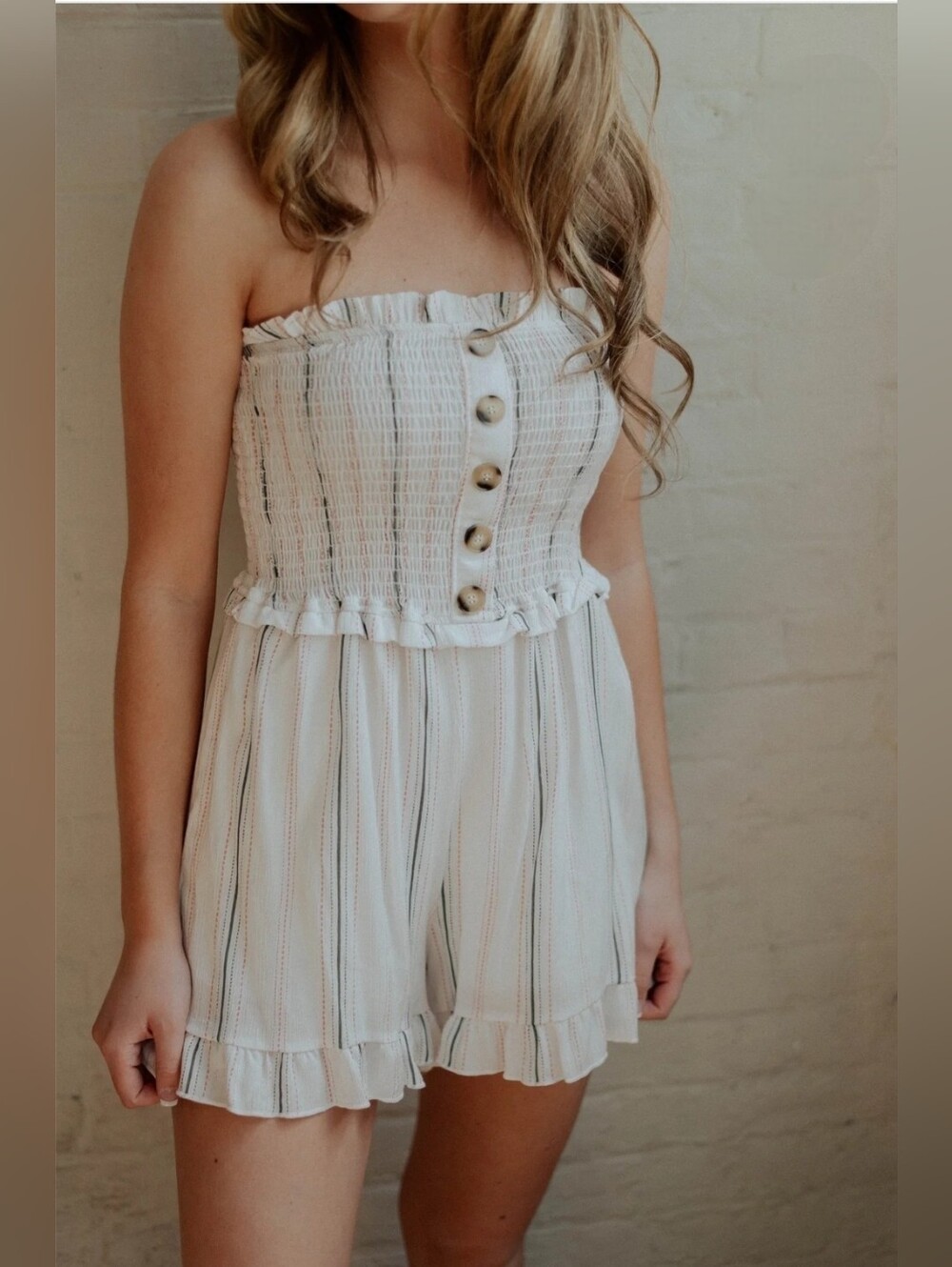 By Together Smocked Striped Romper Sz L Summer, Charming, Strapless